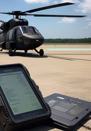 An electronic reader device on the runway in front of a helicopter